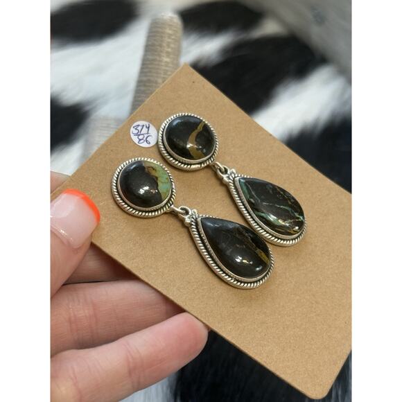 Native American Sterling Silver Large Double Stone Blackjack Turquoise Earrings - Picture 4 of 11